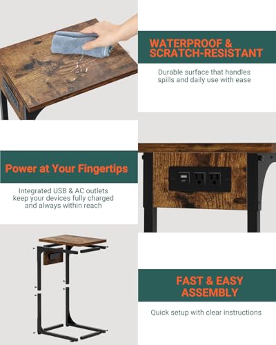 C-Shaped Side Table for Couch - Small Coffee Stand Sofa Tray Desk with Metal Frame Waterproof Scratch Resistant Wood Top and Built-in Charging Station, Rustic Brown - color: Rustic Brown, size: 1-Pack, style: Includes Power Outlets