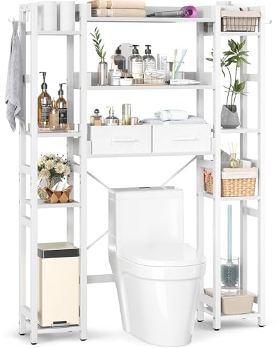 Besiost Over The Toilet Storage, 11 Tier Bathroom Organizer with Dual Side Racks and 2 Fabric Drawers, Adjustable Freestanding Rack Space Saver for Small Spaces, White - color: White, size: 39"W
