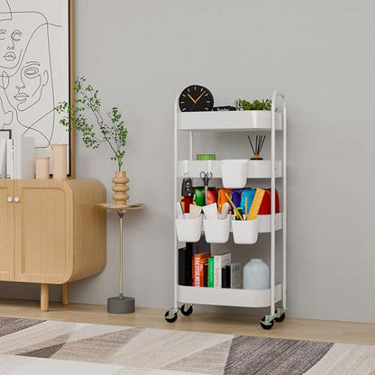 4-Tier Metal Rolling Cart with Wheels, Storage Utility Organizer Cart for Kitchen, Bathroom, Office, Baby Essentials & Makeup - Lockable Casters, Easy Assembly, Large Capacity, White