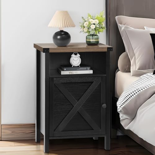 Black Farmhouse Nightstand, Side Table, End Table with Barn Door and Shelf, Rustic Modern Bed Night Stand for Bedroom, Living Room - color: Black