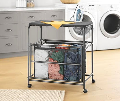 Whitmor Triple Laundry Sorter with Ironing & Folding Table - Rolling Laundry Sorter with Ironing Table - Gunmetal - size: 3 Section lroning Board，Black