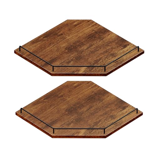 JJL Corner Shelf Wall Mounted, 12 Inches 2-Tier Floating Corner Shelf, Hexagon Rustic Wood Decor with Fence, Brown Storage Organizer for Apartment Bedroom Kitchen Bathroom - color: Rustic Brn, size: Hex 2-Tier