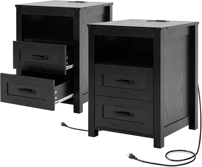 Farmhouse Night Stand Set of 2, Rustic Black Nightstand for Bedroom, End Tables with Charging Station, Bedside Table with Drawers, Wood Bedside Cabinet Dresser - color: Black, size: 2pcs with Charging