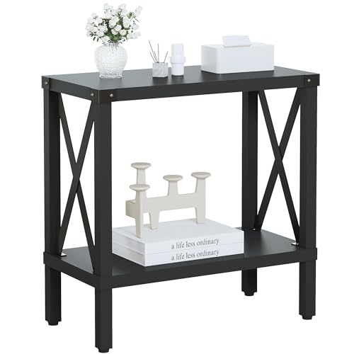MMEOLUOOK Narrow End Table, Large Sofa Side Table, Farmhouse Nightstand with Storage Shelve, Slim Bedside Table for Living, Room Bedroom, Lounge Black MLBZ17B