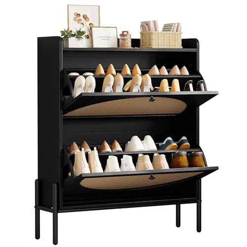 IRONCK Shoe Cabinet Storage with 2 Flip Drawers, Free Standing Wooden Shoe Storage Organizer Cabinet with Rattan Doors for Entryway, Narrow Shoe Rack Cabinet, Black - color: Black