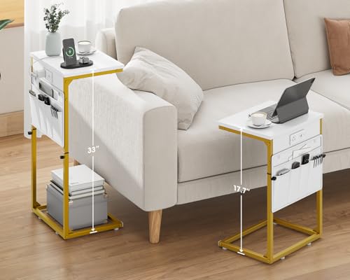 Vagusicc C-Shaped End Table with Charging Station, Small Side Table for Couch, 33" Tall C Table Adjustable Height Side Table, Couch Tables that Slide Under, Sofa Table TV Tray for Living Room, Golden - color: 1pc Golden
