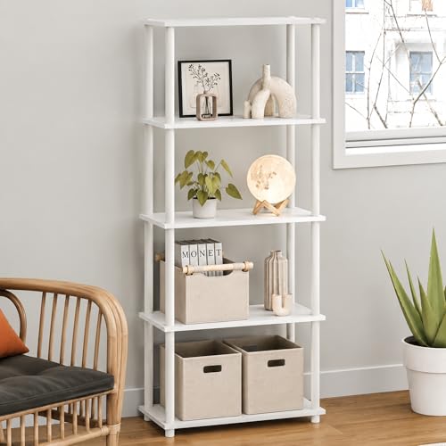 Furinno Turn-N-Tube Toolless Assembly 5-Tier Storage Shelves, White Book Shelf, Open Storage Bookshelf, for Organization and Storage, Living Room, Home Office, Bedroom, Plain White - color: Plain White/White