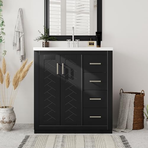 30 Inch Black Bathroom Vanity with Sink & Silver Handles,Light Luxury | with Herringbone Pattern Soft Closing Doors,3 Right Drawers,Ceramic Countertop,Solid Wood Frame,Floor-Standing with Toe-Kick - color: Black, size: 30 Inch(Right Drawers)
