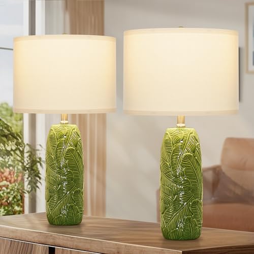 25" Green Ceramic Table Lamps for Living Room Set of 2 with Leaves Design | Retro Bedroom Nightstand Lamps, End Table Lamps, Farmhouse Home Decor Lamps, Green Lamps with White Shade, Premium Ceramic - color: Green-L