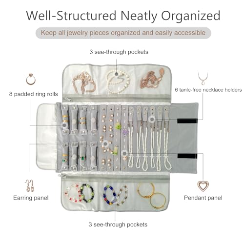 Velvet Travel Jewelry Case Roll Bag Organizer for Necklace Bracelet Earrings Ring (Black) (grey and black) - color: Grey and Black