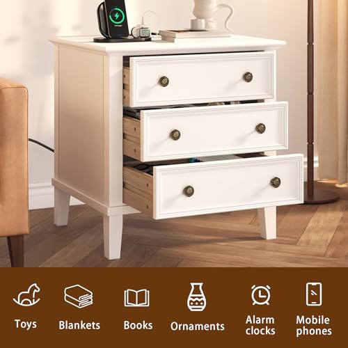 IKENO Solid Wood Nightstand with 3 Drawers, Tall Leg Bedside Table with Charging Station, Farmhouse Night Stand with Wood Slide Rail, Anti-Scratch Foot Pads for Bedroom，White - color: White