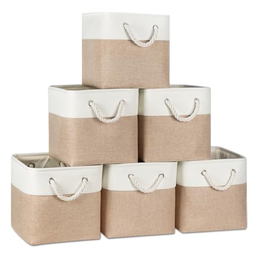Temary 6-Pack Cube Storage Bins, 11 Inch Foldable Fabric Storage Cubes with Cotton Rope Handles, Sturdy Linen Organizer Baskets with Metal Frame for Shelves, Closet, Nursery (White&Khaki) - color: White&Khaki, size: 11(L) x 11(W) x 11(H)