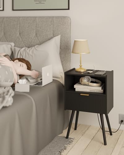 JOONEE Black Nightstand with Outlet,Modern Bedside Table with Storage Drawer and Open Wood Shelf, for Living Room, Bedroom and Small Spaces, Accent Night Stand with Solid Wood Legs, Easy Assembly - color: Black-outlet