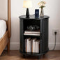 DHH Round End Table with Storage & Charging Station, Fluted Accent Side Table with Sliding Door & Adjustable Shelf, Mid-Century Nightstand for Small Spaces, Living Room, Bedroom (1, Black) - color: Black