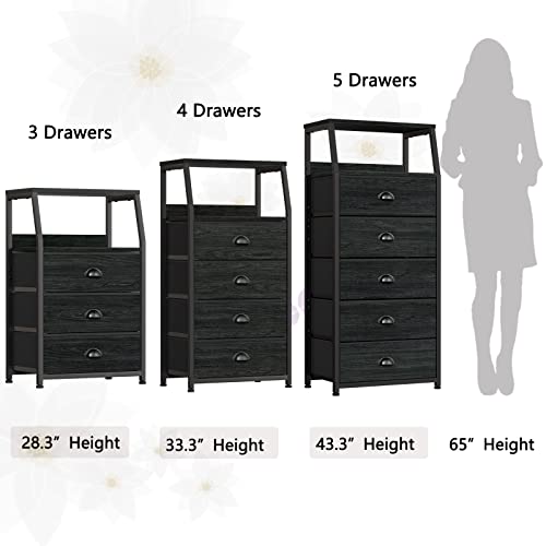 Furnulem Tall 4 Drawers Dresser, Vertical Storage Tower Black Dresser for Bedroom, Hallway, Entryway, Nursery, Closet Organizer, Nightstand Bedside Table Furniture, Sturdy Steel Frame, Wood Top - color: Black Oak, style: 4 Drawers