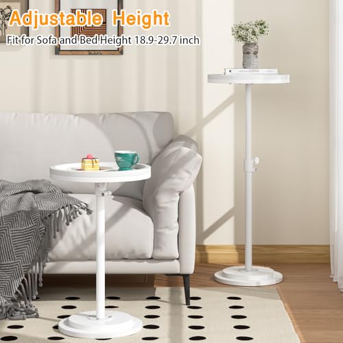 Small Side Table, Drink Table, Height Adjustable Round End Table, Pedestal Side Table for Small Spaces in Living Room, Bedroom, White - color: White