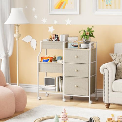 Modanais Baby Organizer and Storage - 3 Tier Rolling Cart with Dividers and Drawers, Easy To Assemble, Mobile Utility Cart with Wheels for Nursery, Bedroom, Changing Table & Crib,Off White | Detachable Dividers, 3 Tier Rolling Cart, Mobile Utility Cart wi