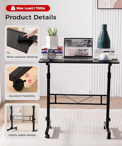 KLSMYHOKI Standing Desk Adjustable Height, Mobile Stand Up Desk with Wheels | Small Computer Desk Rolling Desk, Portable Laptop Desk Black Standing Table Home Office Desks 16"x31.5" Height 27"-43.5" - color: Black