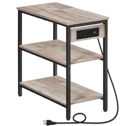 HOOBRO End Table with Charging Station, Side Table with 3 Tier Storage Shelf, Narrow Nightstand for Small Spaces, for Living Room, Bedroom, Easy Assembly, Greige and Black BG149UBZ01 - color: Greige + Black