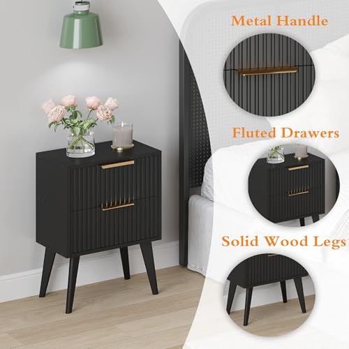 YAUKOMEL Black Nightstand,Mid Century Modern Bedside Table, Fluted Nightstand with 2 Drawers,Side Table with Wood Legs, End Table for Bedroom,Apartment,Dormitory,Small Space Black CTG55BK - color: Black, style: Fluted Style
