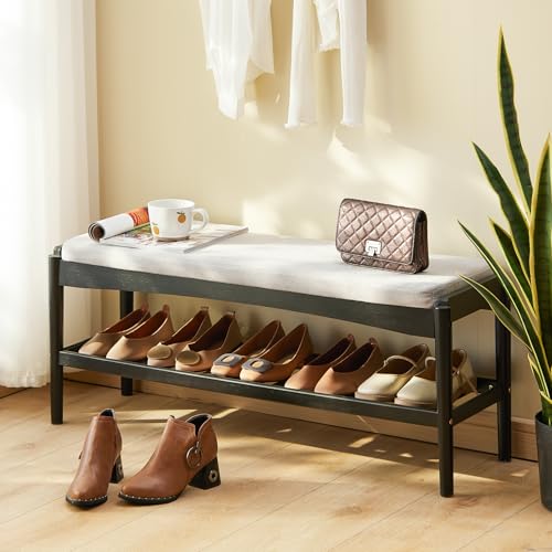 Shoe Bench Entryway Bamboo 2-Tier Shoe Rack with Cushion Padded Seat Shoe Bench Organizer Stable for Entry, Hallway, Living Room, Bedroom, Closet (39.4 * 11.4 * 16.5IN, Black-Gray) - color: Black-gray, size: 39.4*11.4*16.5Inches
