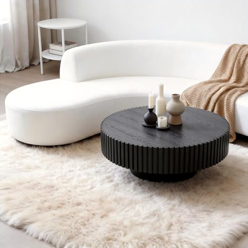 Coffee Table Black for Living Room Wood Round Tables Small Circle Modern Fluted Mid Century Accent Center Drum Contemporary Minimalist Livingroom Easy Assembly Ø39.37 inch - color: 39.37" Black