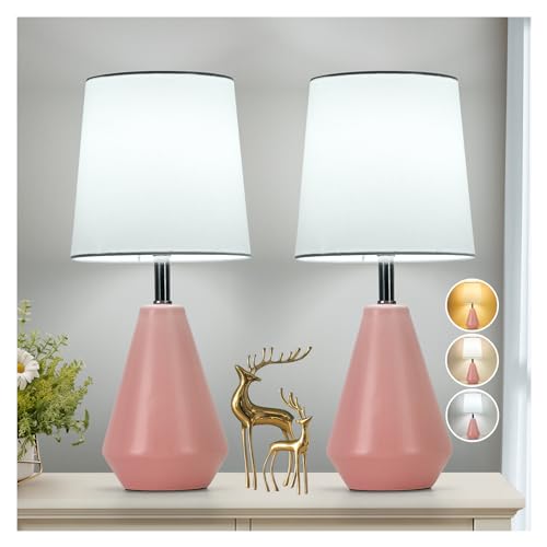 Small Bedside Table Lamp for Bedroom-Reading Desk Lamp Set of 2,with 3 Color Temperatures,15.5" Nightstand Ceramic Lamp with Fabric Shade for Kids Room,Living Room,Dorm,Home Office(Pink+White) - color: Pink+White-3, size: 15.5"
