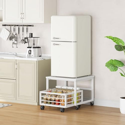 HOOBRO End Table, Mini Fridge Stand with Storage, Mini Fridge Table with Wheels and Adjustable Feet, Sturdy Metal Frame, for Living Room, Bedroom, Office, White WW155TL01 - color: White