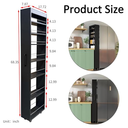 7-Shelf Tall Narrow Storage Cabinet with Wheels, 71 Inch, Black | Slim Pull-Out Organizer, 7.87 Inch Wide for Small Spaces Between Washer/Dryer, Kitchen, Bathroom and Laundry Room - color: E-black