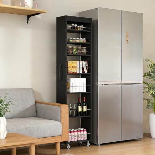 7-Shelf Tall Narrow Storage Cabinet with Wheels, 71 Inch, Black | Slim Pull-Out Organizer, 7.87 Inch Wide for Small Spaces Between Washer/Dryer, Kitchen, Bathroom and Laundry Room - color: E-black