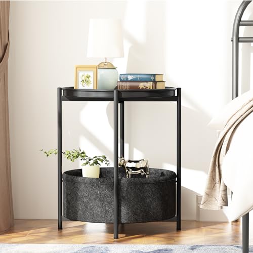 Garden 4 you Side Table with Fabric Storage Basket, Round Metal End Table, Small Bedside Table Nightstand with Removable Tray, for Nursery, Living Room, Bedroom, Bathroom, Black - color: Black