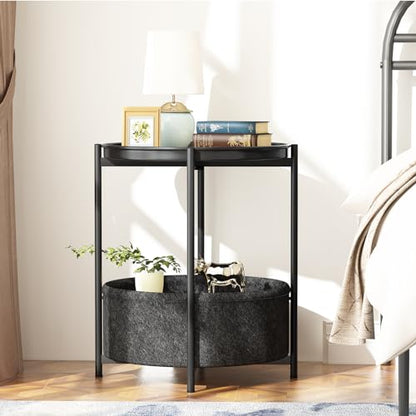 Garden 4 you Side Table with Fabric Storage Basket, Round Metal End Table, Small Bedside Table Nightstand with Removable Tray, for Nursery, Living Room, Bedroom, Bathroom, Black - color: Black