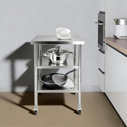 24"x24"x35" 3-Tier Industrial Work Table, Heavy Duty Stainless Steel Workstation with Adjustable Shelves, 470 lbs Top Load, 4 Swivel Casters and Leveling Feet for Restaurant or Home Use - size: 24x24x35 Inches