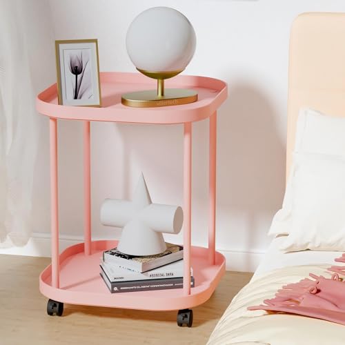Side Table with Wheels, End Table Living Room Plastic Mobile Sofa Side Table Small Night Stand Bedroom Pink - color: Pink, size: 1 Pack