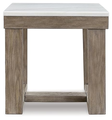 Signature Design by Ashley Square Marble End Table, 24 in, Grayish Brown | Premium natural stone surface for unique character, Sturdy oak veneer and MDF substrate trestle base, Loyaska Series - color: Two Tone