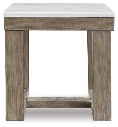 Signature Design by Ashley Square Marble End Table, 24 in, Grayish Brown | Premium natural stone surface for unique character, Sturdy oak veneer and MDF substrate trestle base, Loyaska Series - color: Two Tone