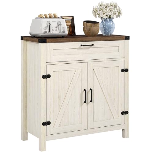 HOMCOM Sideboard, Storage Drawer, Coffee Bar Cabinet, Distressed White | Kitchen Cabinet, 2 Barn Doors, Modern Farmhouse - color: Distressed White