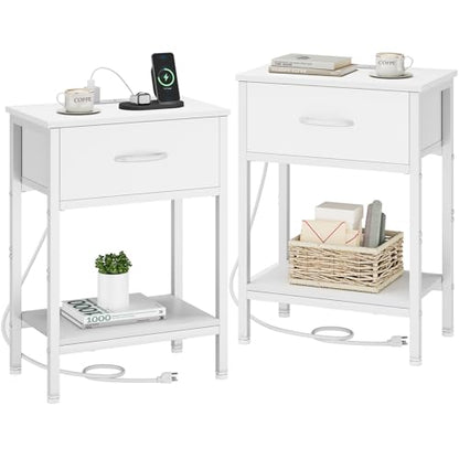 Vagusicc White Nightstand Set of 2 with Charging Station, Bed Side Table with Fabric Drawer, Small End Table with 2-Tier Storage Shelves, 25.4" Tall Bedside Table, Night Stand for Bedroom, Living Room - color: White (2 Pack)