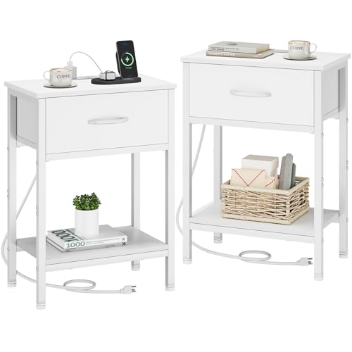 Vagusicc White Nightstand Set of 2 with Charging Station, Bed Side Table with Fabric Drawer, Small End Table with 2-Tier Storage Shelves, 25.4" Tall Bedside Table, Night Stand for Bedroom, Living Room - color: White (2 Pack)