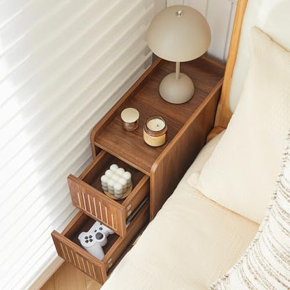 FurSch Fluted Thin Nightstand & Skinny Bedside Table for Bedroom, Narrow Night Stand Side End Table with 2 Drawers and Open Shelf for Small Spaces (Walnut-1 pc) - color: Walnut-1 Pc