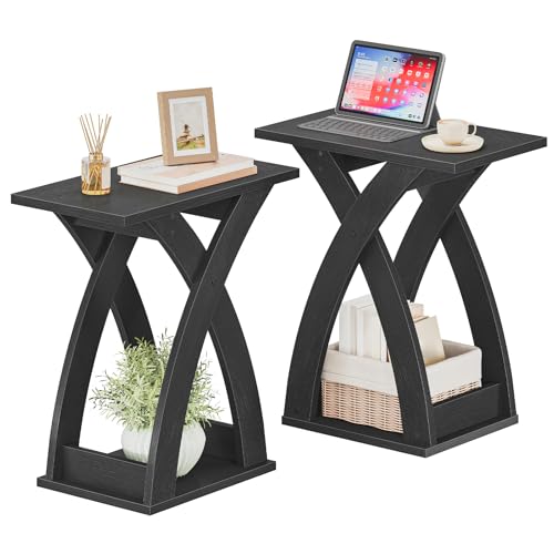 HOOBRO End Table Living Room Set of 2, Narrow Side Table for Small Spaces, Black 3 Tier End Table with Storage Shelf, X-Design Slim Nightstand Bedside Table, Living Room, Bedroom, Black BK356BZP201