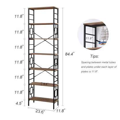 HOMISSUE Tall Bookshelf, 84 Inch Industrial Bookshelf with Metal Frame and Open Shelves, 7 Tier Metal Bookshelves and Bookcases, Rustic Tall Book Shelf for Office, Living Room and Bedroom, Brown - color: Rustic Brown, size: 7-Tier（23.6"W x 84.4"H）