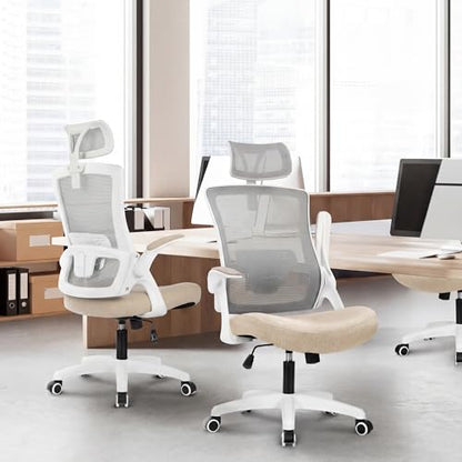 NEO CHAIR Office Desk Chair Gaming Computer High Back Support Mesh Comfy Seat with Adjustable Ergonomic Headrest Lumbar Rolling Flip-up Armrests and Wheels (Beige) - color: Beige