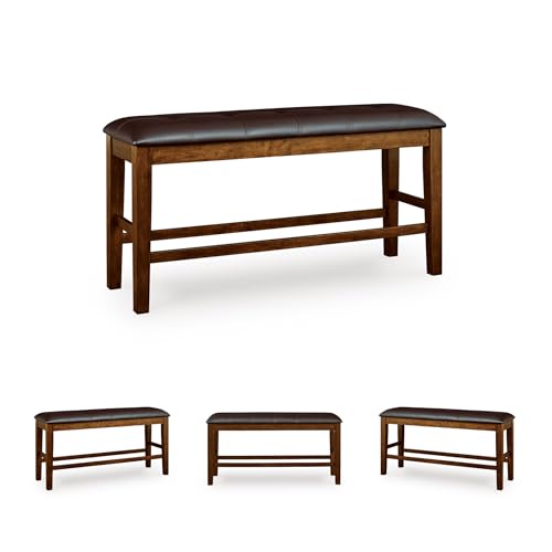 Signature Design by Ashley Upholstered Counter Height Dining Bench, Brown | Space-saving 50-in backless solid wood frame, Plush combination of leather and faux leather cushion, Ralene Series - color: Medium Brown, style: Counter Height Bench