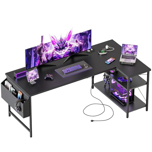 Mericonia Small L Shaped Computer Desk with Power Outlets, Reversible Gaming Desk with Storage Shelves, Corner Gamer Desk Table, Study Writing Table - color: Black, size: 54 inch