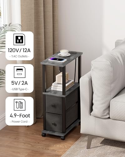 TUTOTAK Small Narrow End Tables, LED Side Tables with 2 Fabric Drawers, Set of 2, Bedside Tables with Charging Station for Small Spaces, Slim Nightstands with USB Ports and Wheels, TB01BY053L - color: Charcoal Grey, style: with LED Light & Outlets
