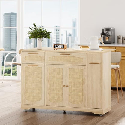 IDEALHOUSE 53.1" Rattan Kitchen Island with Storage, Rolling Dining Cart with Trash Storage Cabinet, Mobile Island Cart with Drop Leaf, Adjustable Shelves, Drawer, 5 Wheels (Natural) - color: Natural