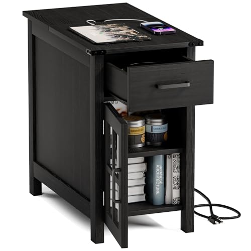 Farmhouse End Table with Charging Station, Narrow Side Table for Living Room, Sofa Side Table with Drawer and Storage Cabinet, Small Nightstand for Bedroom, Home Office - color: Black