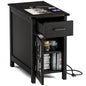 Farmhouse End Table with Charging Station, Narrow Side Table for Living Room, Sofa Side Table with Drawer and Storage Cabinet, Small Nightstand for Bedroom, Home Office - color: Black