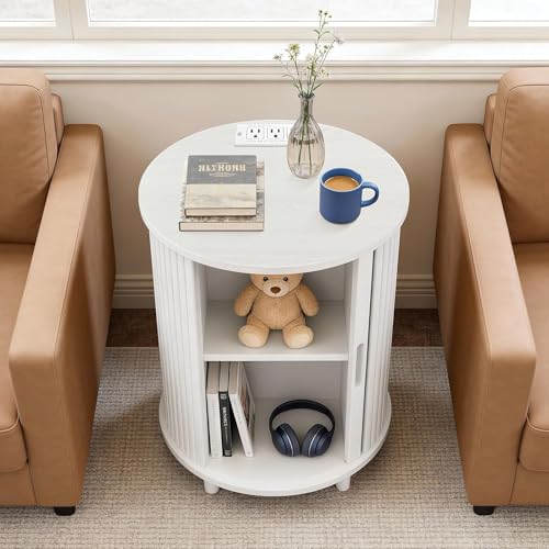 DHH Round End Table with Storage & Charging Station, Fluted Accent Side Table with Sliding Door & Adjustable Shelf, Mid-Century Nightstand for Small Spaces, Living Room, Bedroom(Grayish White) - color: Grayish White